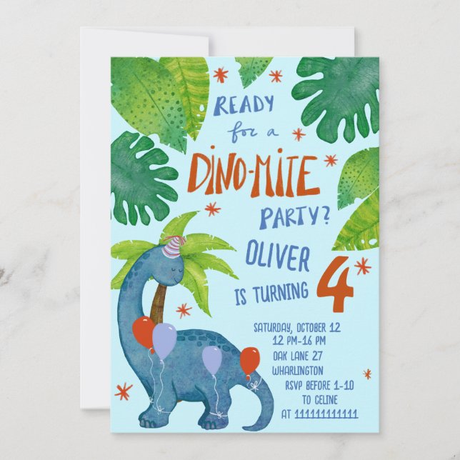 Dinosaurier Aquarell niedliche Geburtstag Party Einladung (Vorderseite)