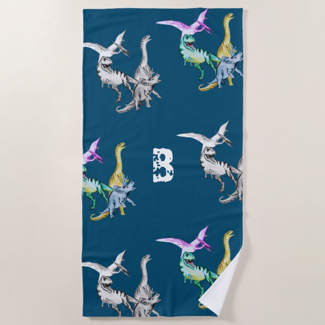 Dinosaurier Aquarellfarben Kids Monogram Beach Han Strandtuch (Vorderseite)