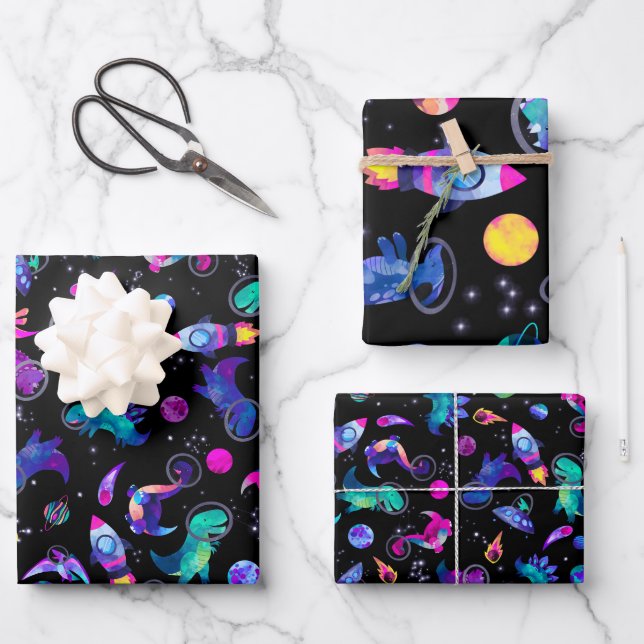 Dinosaurier Astronauten Aquarellplatz Dino Geburts Geschenkpapier Set (Vorderseite)