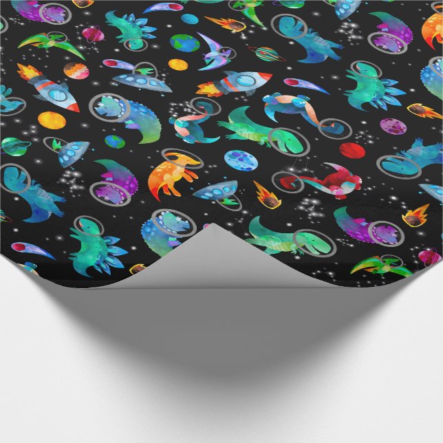 Dinosaurier Astronauten Wasserfarben Weltraum Dino Geschenkpapier (Ecke)