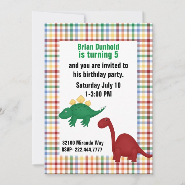 Dinosaurier auf der Karierten Geburtstagsparty Einladung (Vorderseite)