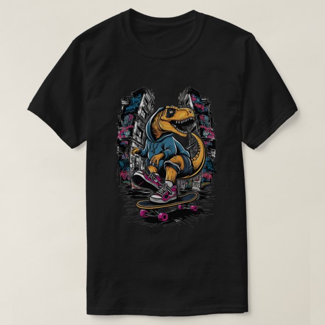 Dinosaurier auf einem Skateboard Urban Street Styl T-Shirt (Design vorne)