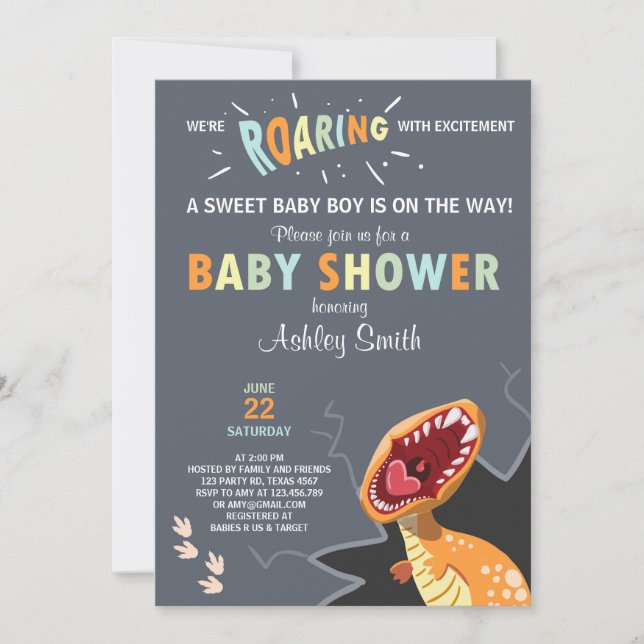 Dinosaurier Baby Dusche Einladung Dino Baby boy Bl (Vorderseite)