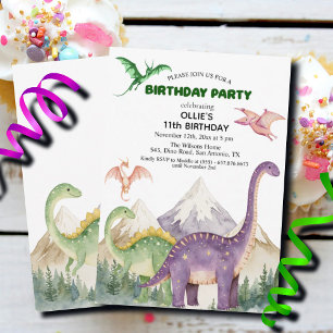 Dinosaurier & Berge Farbenfrohe 11. Geburtstagspar Einladung