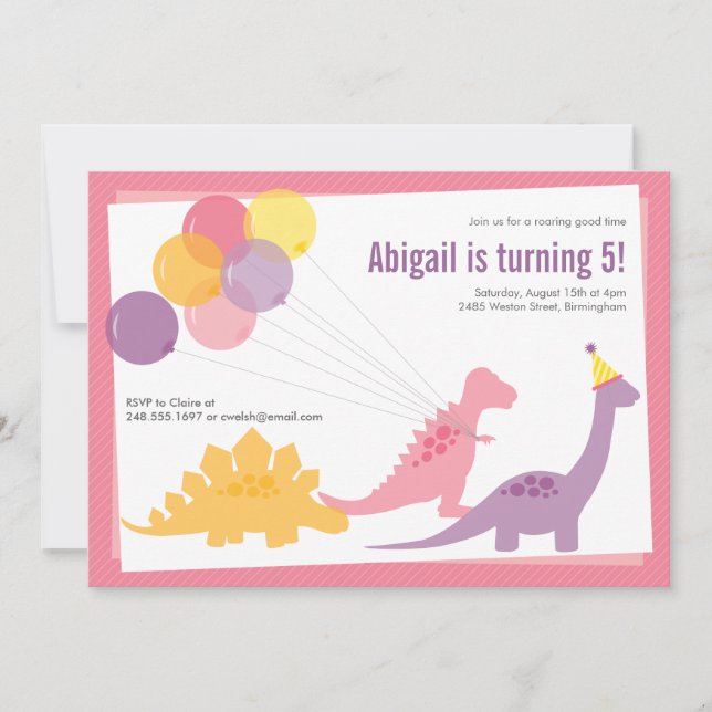 Dinosaurier Birthday Balloon Pink Lila Party Einladung (Vorderseite)