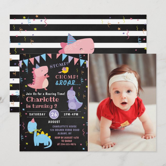 Dinosaurier Birthday Chalkboard Pink Dino Party Fo Einladung (Vorne/Hinten)