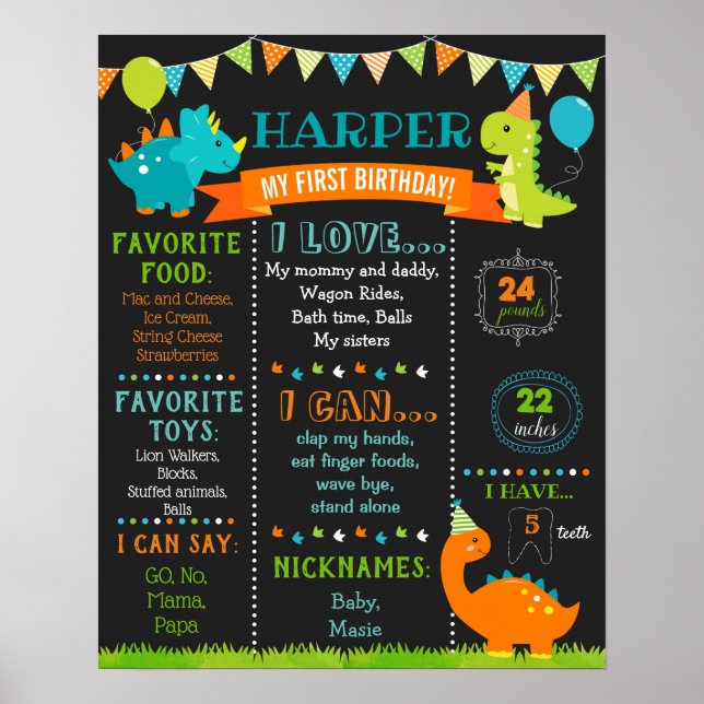 Dinosaurier Birthday Milestone Signaturkhalkboard  Poster (Vorne)