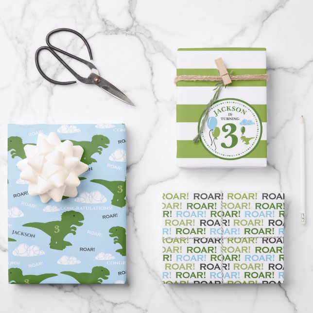Dinosaurier Birthday Personalisiert Wrapping Paper Geschenkpapier Set (Vorderseite)