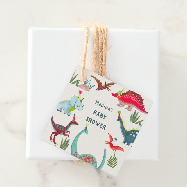 Dinosaurier-blaues Babydusche-Party Geschenkanhänger (Beispiel)