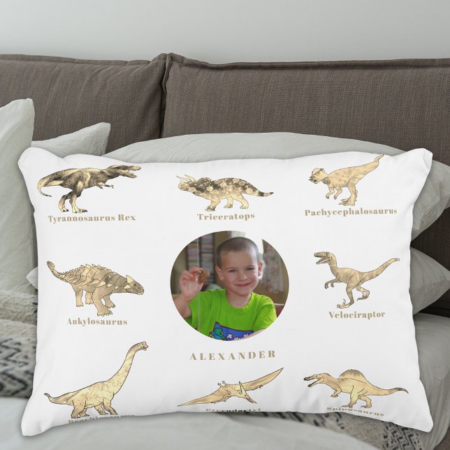 Dinosaurier Boys Personalisiert Name und Foto Dekokissen (Personalised dinosaur boys photo and name pillow Beige brown and white)