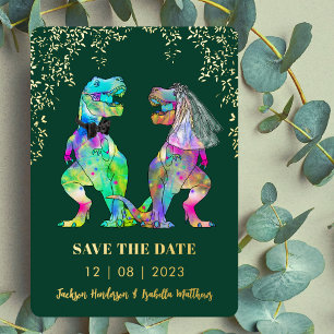 Dinosaurier Braut und Bräutigam Hochzeit Grün Gold Folieneinladung