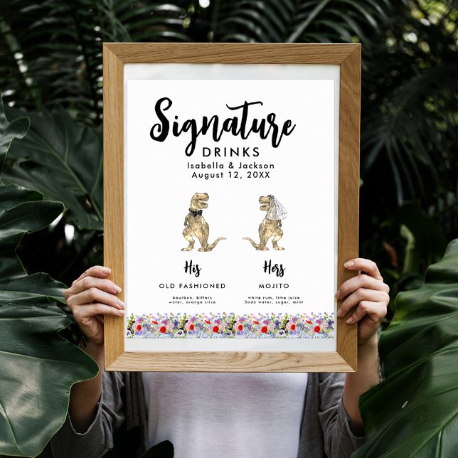 Dinosaurier-Braut und Groom-Hochzeit-Signaturgeträ Poster (Fun Dinosaur bride and groom signature drinks wedding bar menu poster)