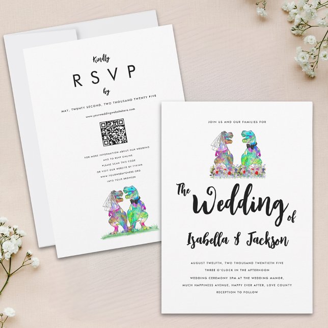 Dinosaurier Bride und Groom Boho Wildblume Hochzei Einladung (Fun dinosaur bride and groom boho wildflower wedding invitation qr code colorful watercolor florals)