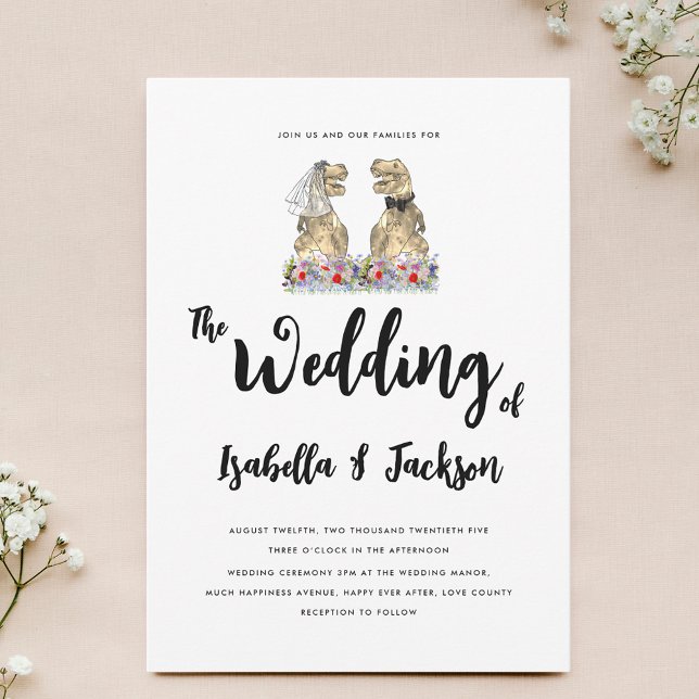Dinosaurier Bride und Groom Boho Wildblume Hochzei Einladung (Boho wildflower Dinosaur theme wedding invitation with funny T-Rex bride and groom)