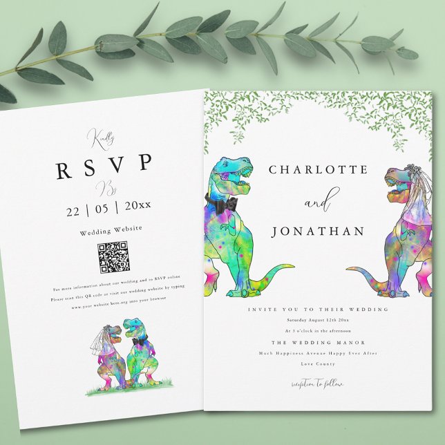 Dinosaurier Bride und Groom Greenerity Wedding Einladung (Boho dinosaur wedding invitation with watercolor eucalyptus foliage and qr code)