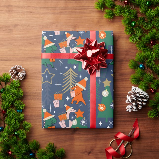 Dinosaurier Christmas Party Blue Geschenkpapier (Feiertagsgeschenk)