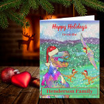 Dinosaurier Christmas T Rex Santa Personalisiert Feiertagskarte<br><div class="desc">Zeit für Weihnachten Dinosaurier Spaß mit dieser Schneeszene und eine beängstigende bunte T-Rex in einer Weihnachtsmannmütze mit zwei Velociraptoren und ein fliegendes pterodactyl in Weihnachtsmannmützen. Fügen Sie Ihren Familiennamen hinzu und wünschen Ihren Freunden einen unterhaltsamen prähistorischen Dinosaurier glücklichen Urlaub. Vergewissern Sie sich besser, dass Sie nicht unartig, sondern nett sind,...</div>