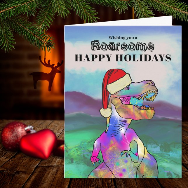 Dinosaurier Christmas T Rex Santa Personalisiert Karte (Christmas Dinosaur T-Rex wearing a Santa hat holiday greetings card)