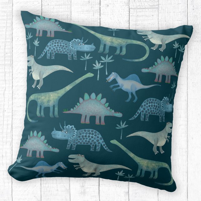 Dinosaurier Dark Green Kissen (Fun dinosaur pattern teal green throw pillow)