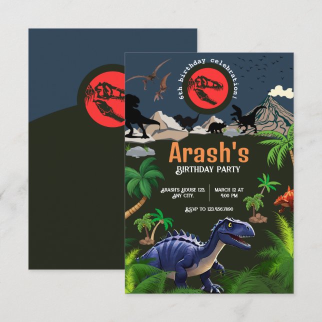 Dinosaurier Einladung, Dinosaur Geburtstag Einladung (Vorne/Hinten)