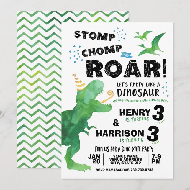Dinosaurier Einladung für zwei Geburtstage (Vorne/Hinten)