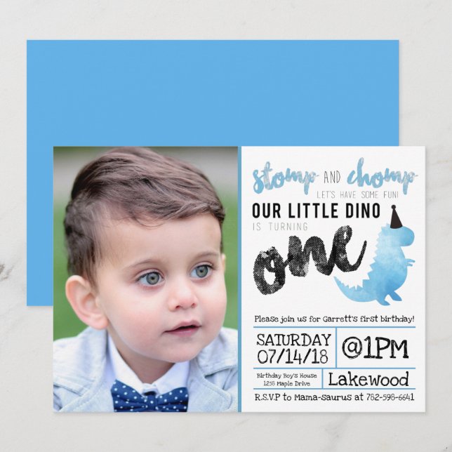 Dinosaurier Einladung Stomp und Chomp Erster Gebur (Vorne/Hinten)