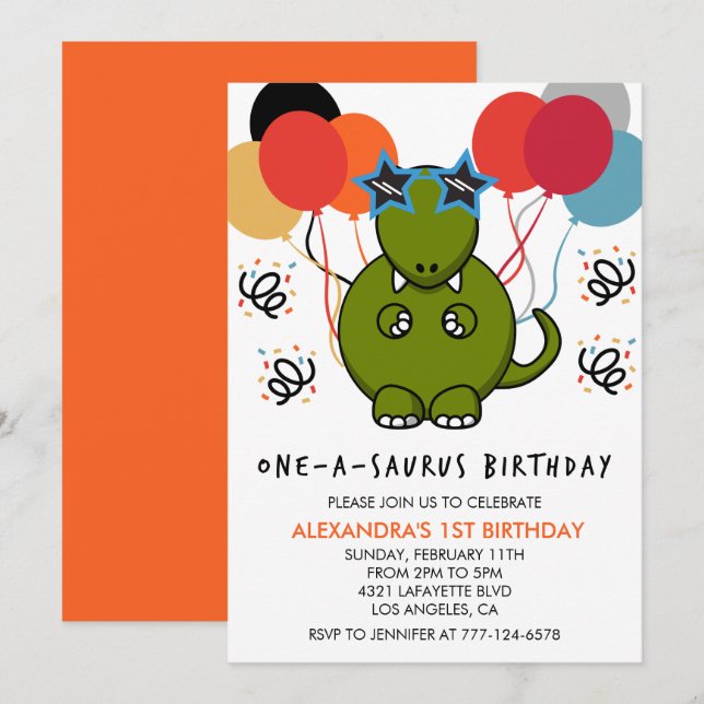 Dinosaurier Einladung zum 1. Geburtstag Girl Funny (Vorne/Hinten)