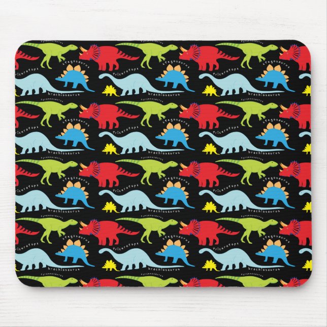 Dinosaurier entwirft blaues Rot-Grün auf Schwarzem Mousepad (Vorne)
