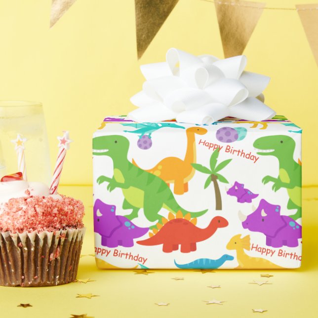 Dinosaurier farbenfroher Grüner Lila Kindergeburts Geschenkpapier (Geburtstagsparty)