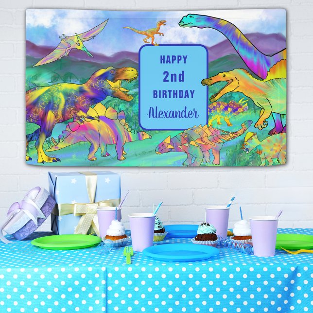 Dinosaurier farbig 2. Geburtstag Personalisiert Banner (Colorful dinosaur 2nd birthday party banner T-Rex brontosaurus stegosaurus pterodactyl velociraptor )