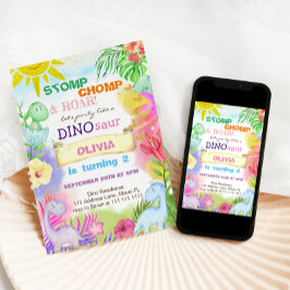 Dinosaurier Floral Glitzer Girl 2. Geburtstag Einladung