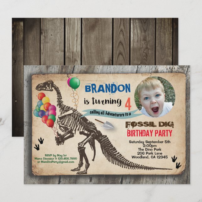 Dinosaurier Fossil graben Geburtstag Foto Einladun Einladung (Vorne/Hinten)
