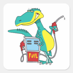 Dinosaurier-Gaspumpe Cartoon mit fossilen Brennsto Quadratischer Aufkleber