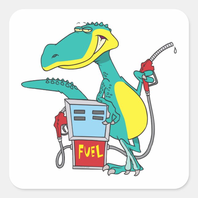 Dinosaurier-Gaspumpe Cartoon mit fossilen Brennsto Quadratischer Aufkleber (Vorderseite)