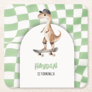 Dinosaurier Geburtstag Retro T Rex Checkered Rechteckiger Pappuntersetzer