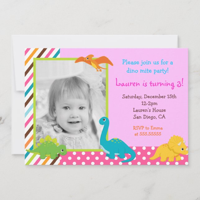 Dinosaurier-Geburtstags-Einladung für Mädchen Einladung (Vorderseite)
