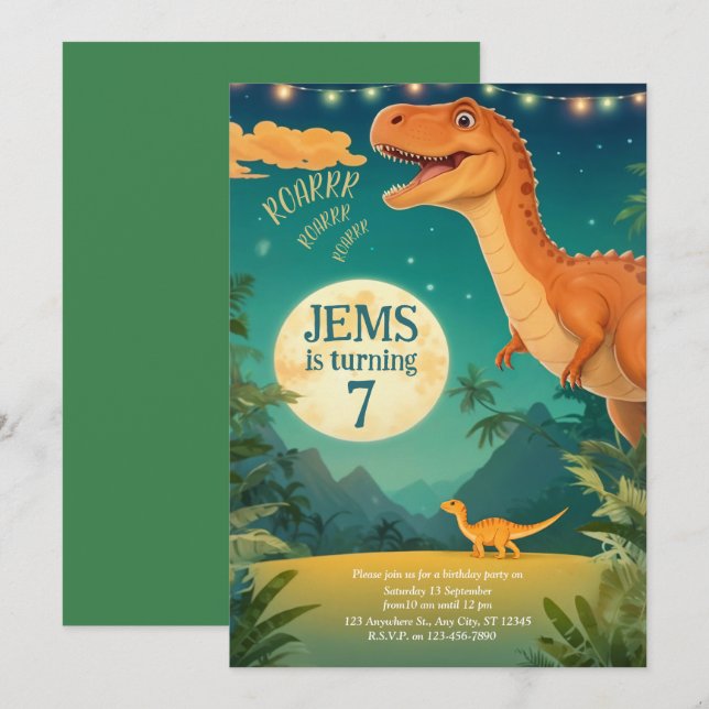 Dinosaurier Geburtstagseinladung, Juraswelt Einladung (Vorne/Hinten)