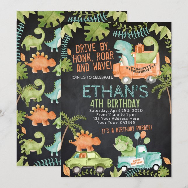 Dinosaurier Geburtstagsparade Einladung (Vorne/Hinten)