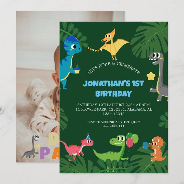 Dinosaurier Geburtstagsparty Erstes Geburtstags Ba Einladung (Vorne/Hinten)