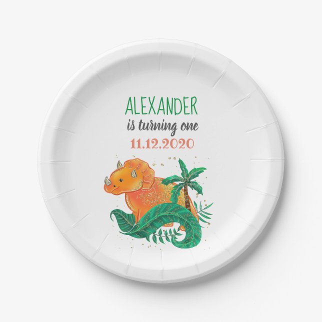 Dinosaurier Geburtstagsparty Niedlich Orange Trice Pappteller (Vorderseite)