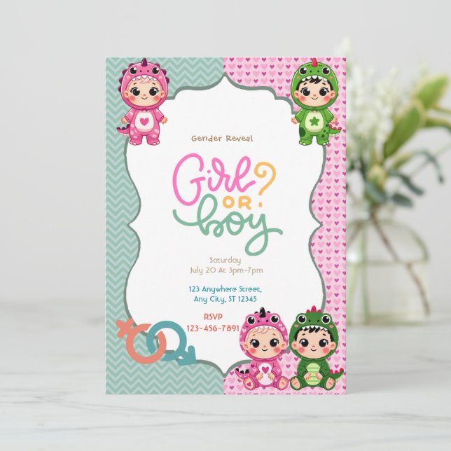 Dinosaurier-Genderbericht Einladung (Stehend Vorderseite)