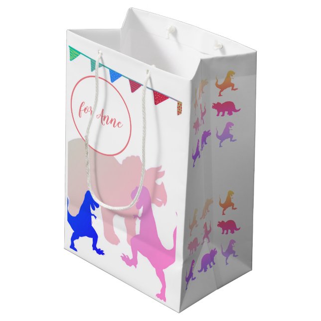 Dinosaurier Girl Boy Party Flags Custom Mittlere Geschenktüte (Rückseite Schrägansicht)