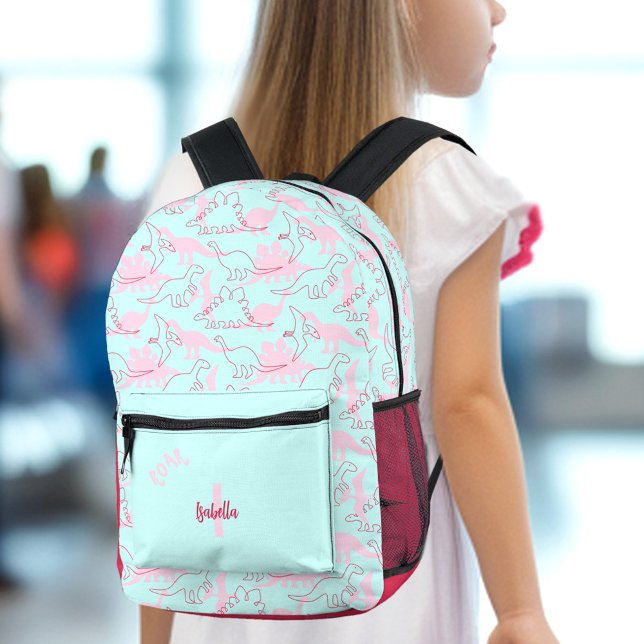 Dinosaurier Girl Turquoise Blue Pink Name Monogram Bedruckter Rucksack (Dinosaur Girl Turquoise Blue Pink Name Monogram Printed Backpack)