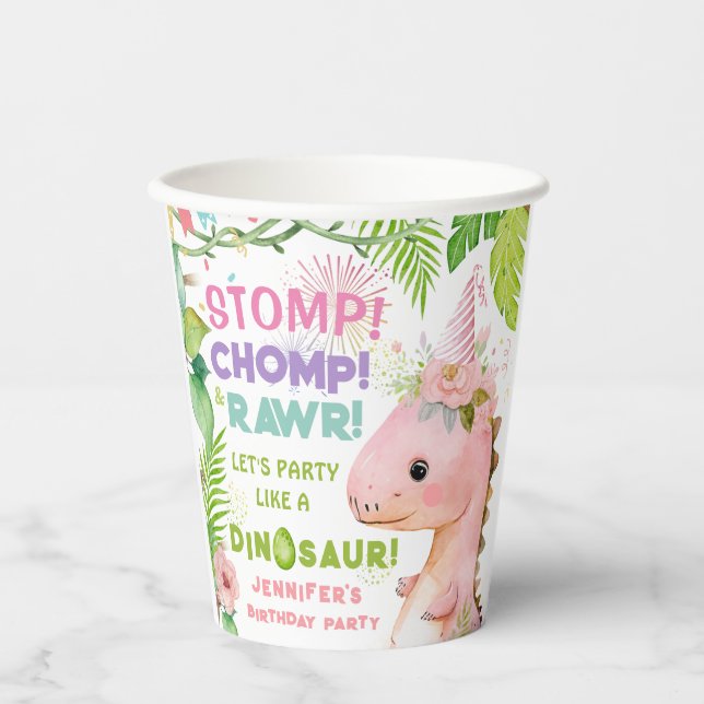 Dinosaurier Girls Pink Birthday Party Paper Cup Pappbecher (Vorderseite)