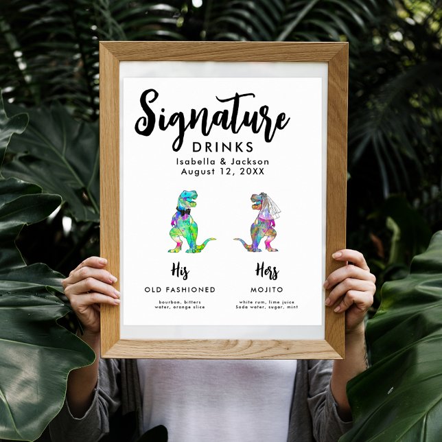 Dinosaurier Hochzeitspass und Unterschrift für den Poster (Dinosaur themed wedding custom signature drinks poster with funny colorful T-Rex bride and groom)