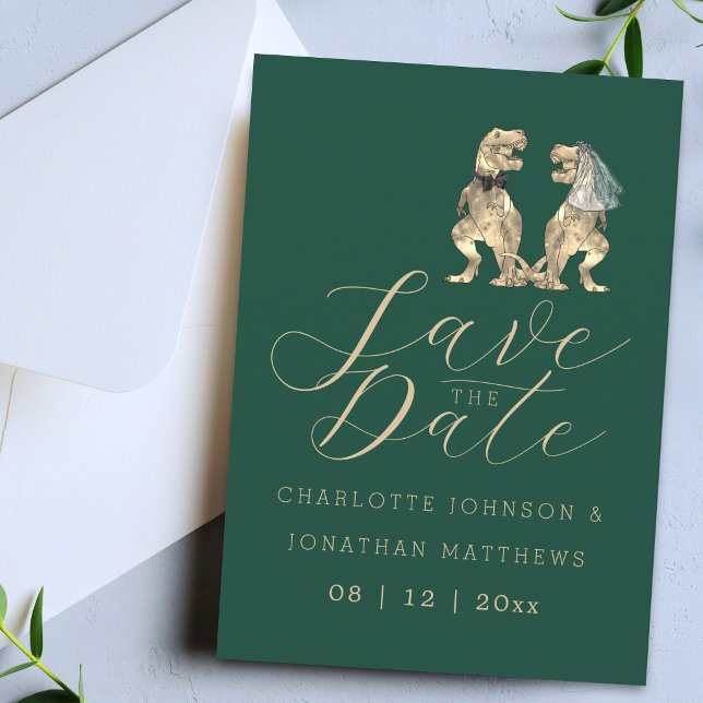 Dinosaurier Hochzeitsthema Save The Date (Elegant dinosaur wedding save the date green invitation funny jurassic T-Rex dino bride and groom)