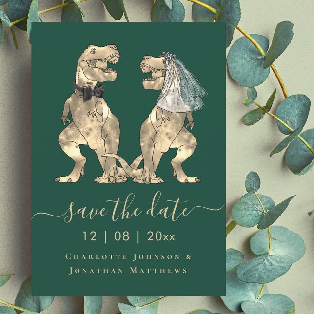 Dinosaurier Hochzeitsthema Save The Date (Funny dinosaur wedding save the date T-Rex bride and groom dino elegant script Dark green invitation)