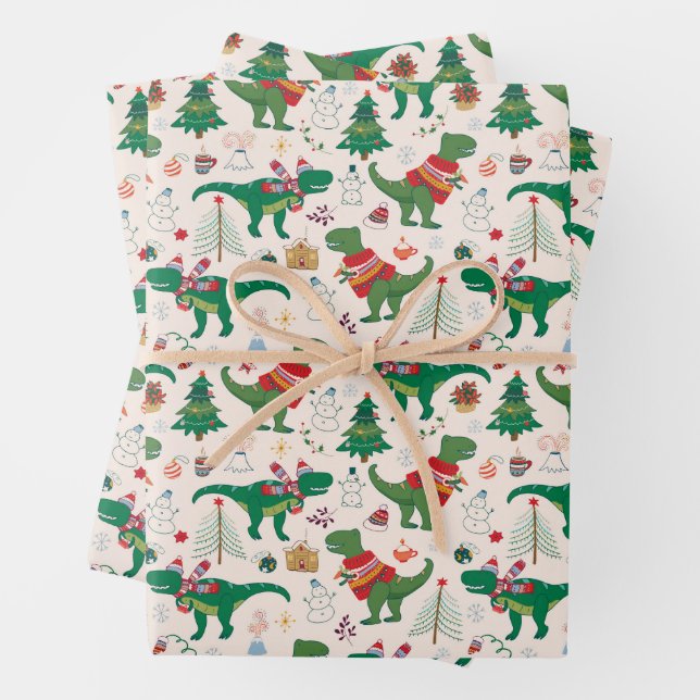 Dinosaurier in Sweaters Weihnachtsmuster Geschenkpapier Set (Beispiel)