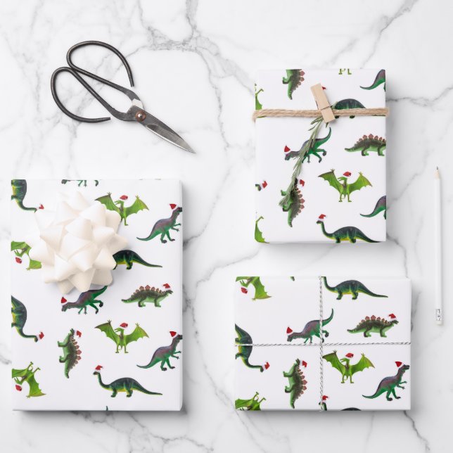 Dinosaurier in Weihnachtsmannmützen Umschlagpapier Geschenkpapier Set (Vorderseite)