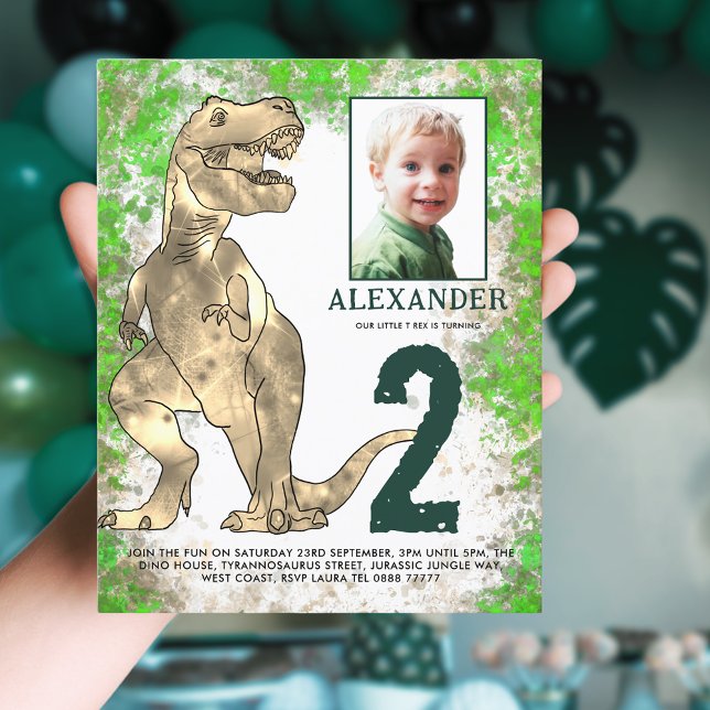 Dinosaurier Jungle 2. Geburtstag Party Foto ( T-Rex dinosaur 2nd birthday party budget invitation with photo template and watercolor jungle )